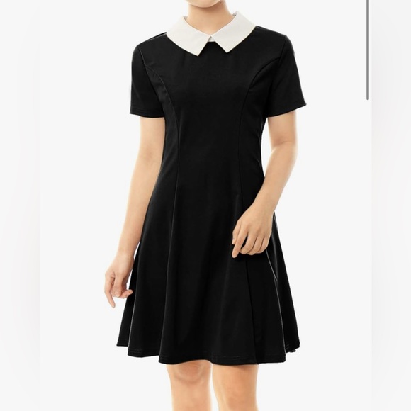Allegra K Black Dress White Doll Collar Short Sleeve A-Line Fit Flare Small NWT - Picture 1 of 15